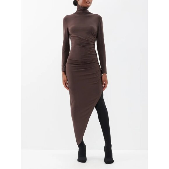 NORMA KAMALI Brown Ruched Asymmetrical Dress Size Small NEW - Picture 1 of 5